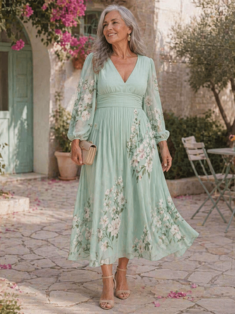 Damska Sukienka Midi w Kwiaty | Elegancki Dekolt V