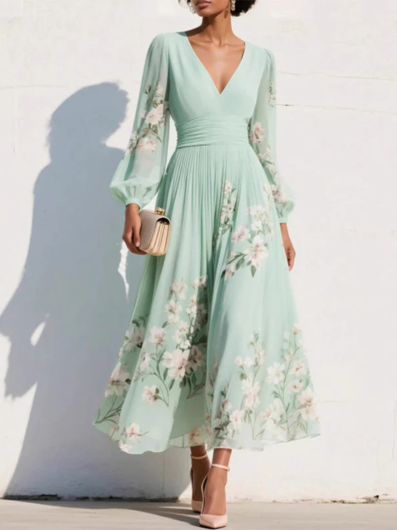 Damska Sukienka Midi w Kwiaty | Elegancki Dekolt V