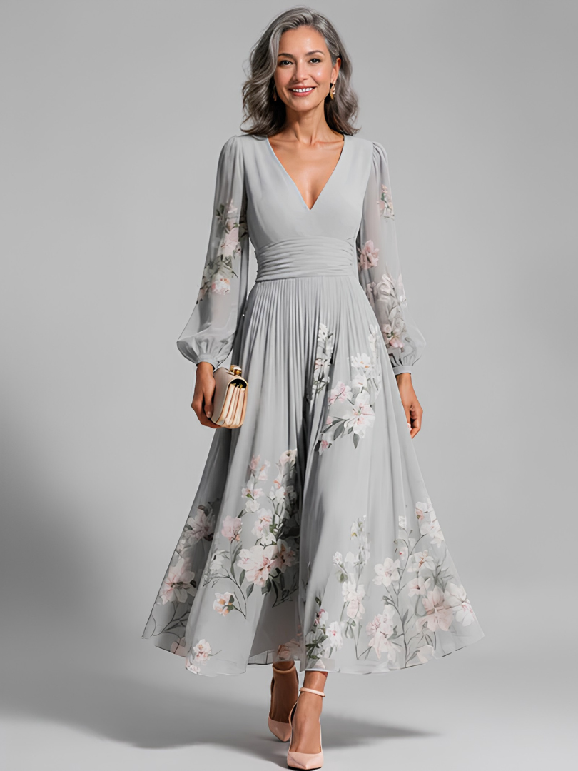 Damska Elegancka Sukienka Maxi V-Neck | Kwiatowy Design