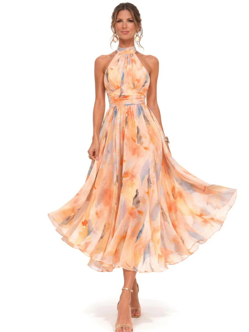 Damska Elegancka Sukienka Halter Maxi | Kwiatowy Design