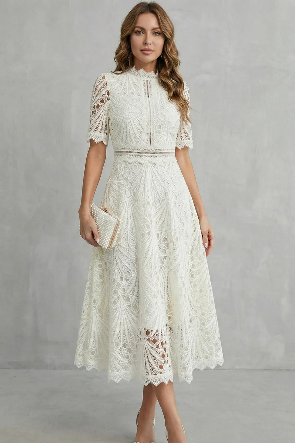 Damska Sukienka Koronkowa Midi | Elegancki Ażurowy Design