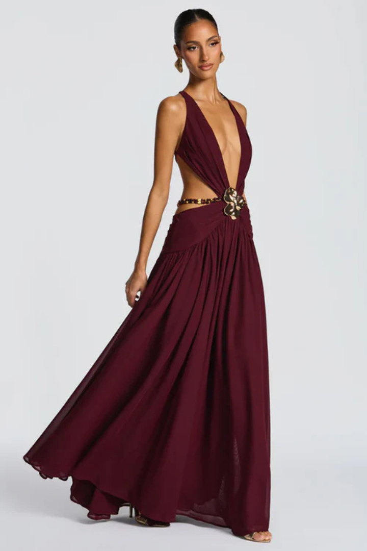 Damska Sukienka Maxi z Głębokim Dekoltem | Elegancki Wieczorowy Styl
