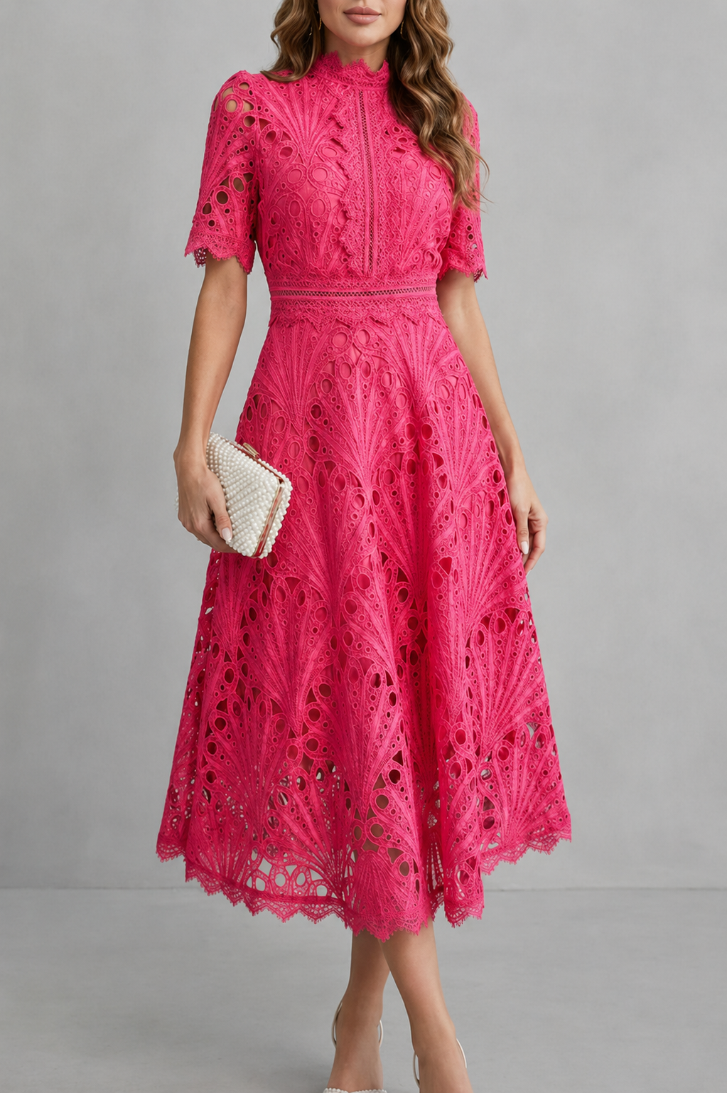 Damska Sukienka Koronkowa Midi | Elegancki Ażurowy Design