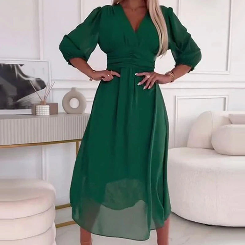 Damska Sukienka Midi Elegancka | Dekolt V Kopertowy