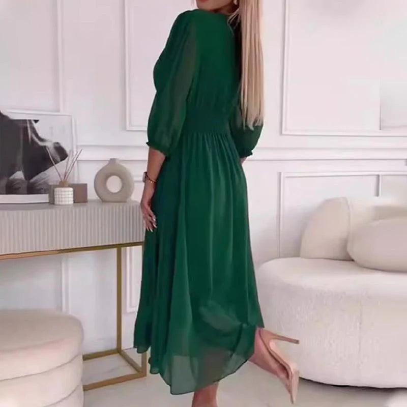 Damska Sukienka Midi Elegancka | Dekolt V Kopertowy
