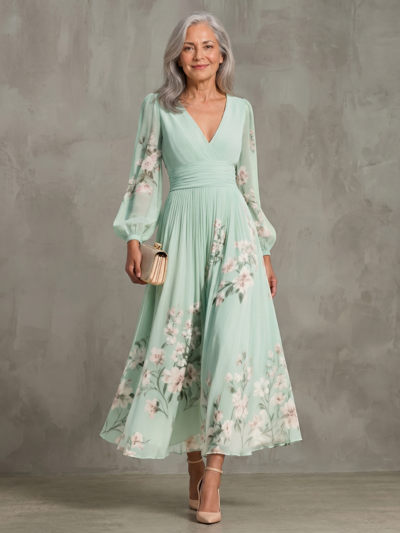 Damska Elegancka Sukienka Maxi V-Neck | Kwiatowy Design