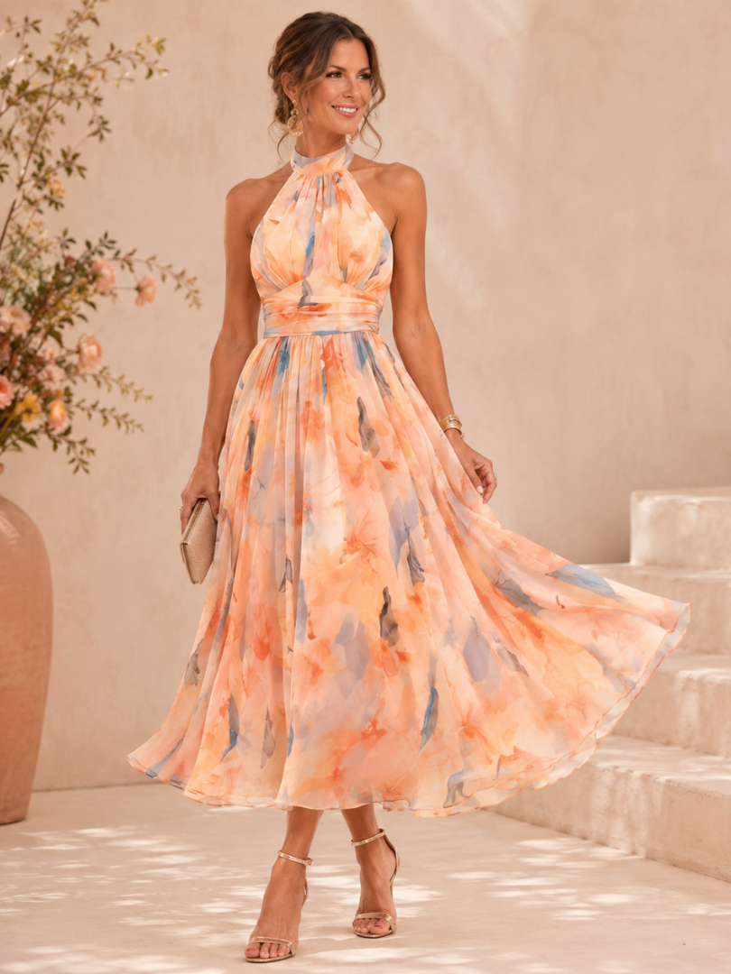 Damska Elegancka Sukienka Halter Maxi | Kwiatowy Design