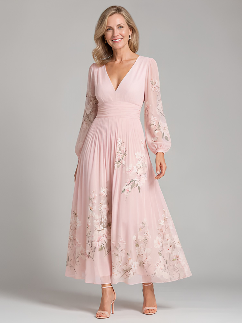 Damska Elegancka Sukienka Maxi V-Neck | Kwiatowy Design
