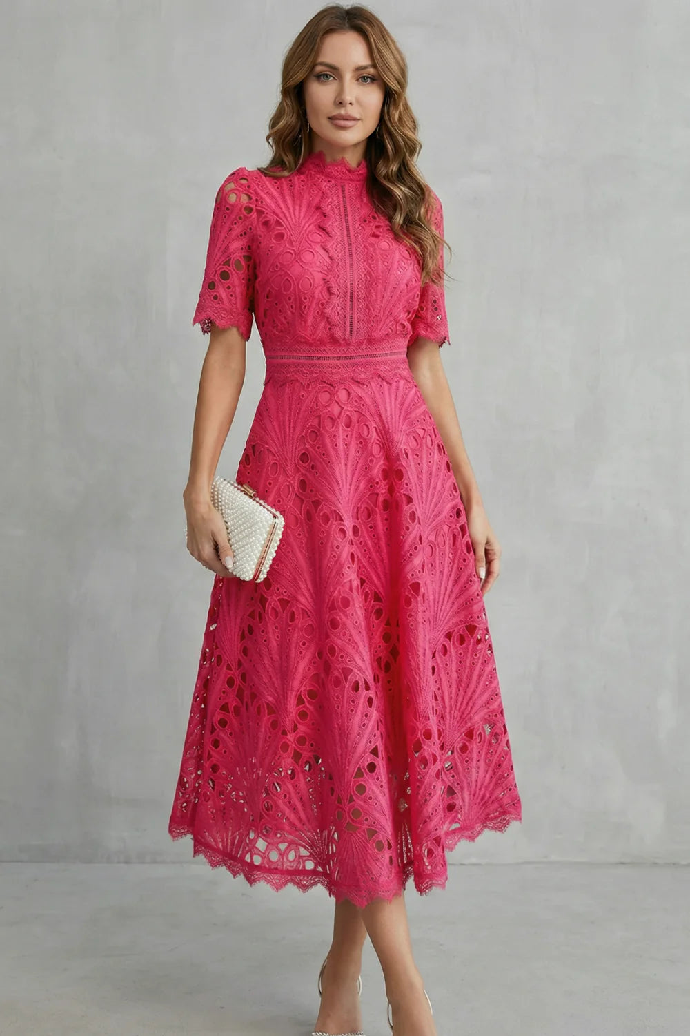 Damska Sukienka Koronkowa Midi | Elegancki Ażurowy Design