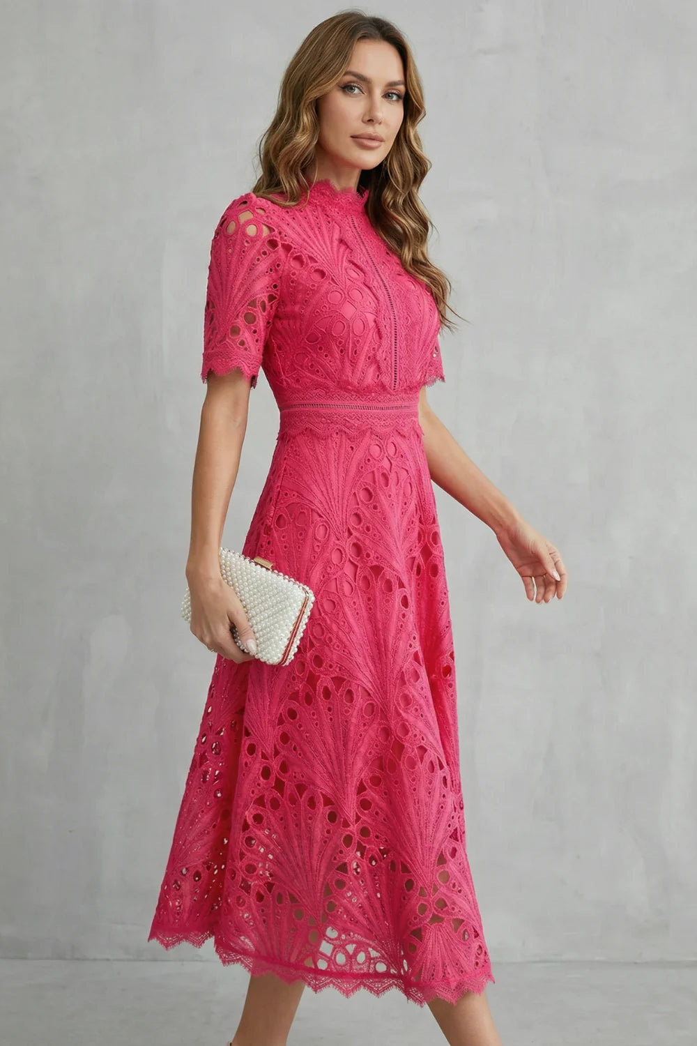 Damska Sukienka Koronkowa Midi | Elegancki Ażurowy Design