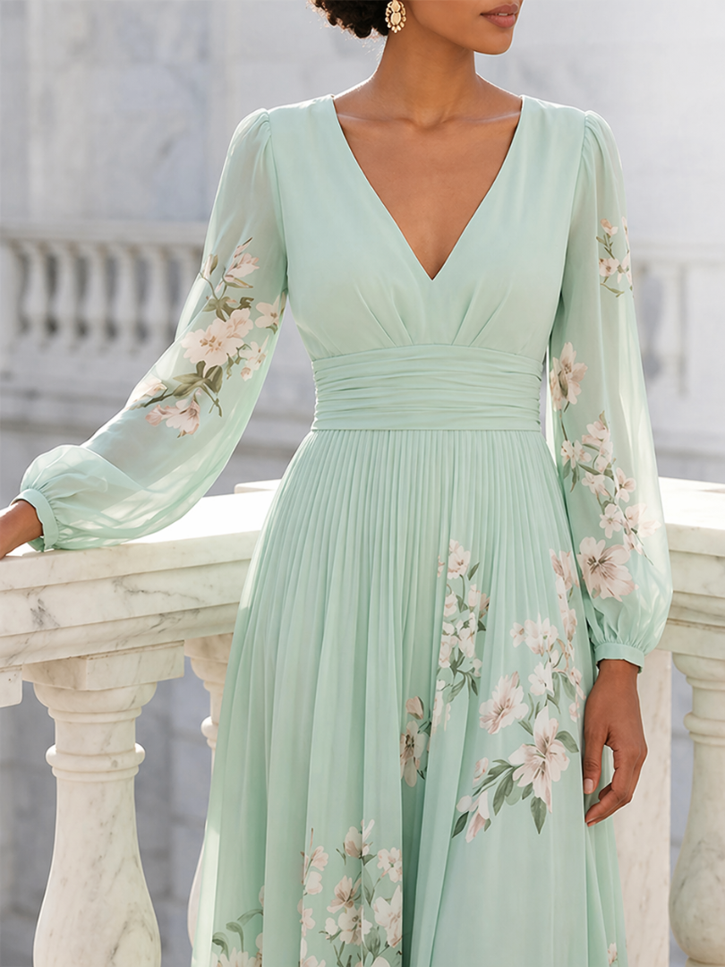 Damska Sukienka Midi w Kwiaty | Elegancki Dekolt V