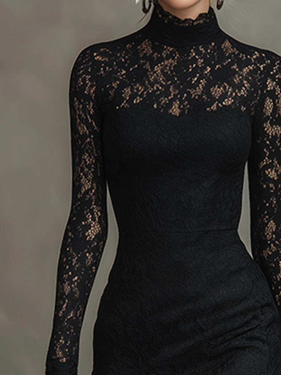 Elwira - Elegancka czarna sukienka maxi z koronką
