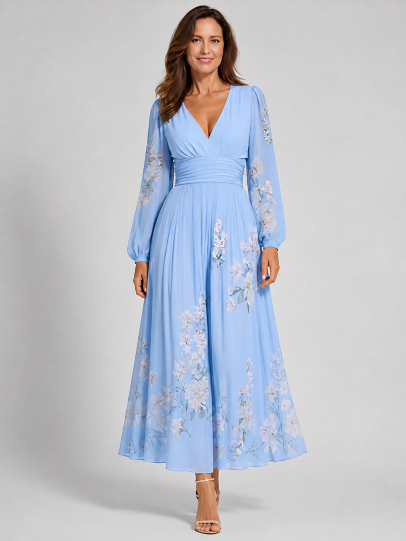 Damska Elegancka Sukienka Maxi V-Neck | Kwiatowy Design