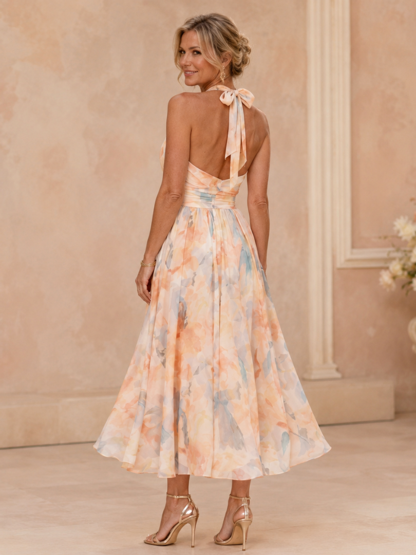 Damska Elegancka Sukienka Halter Maxi | Kwiatowy Design